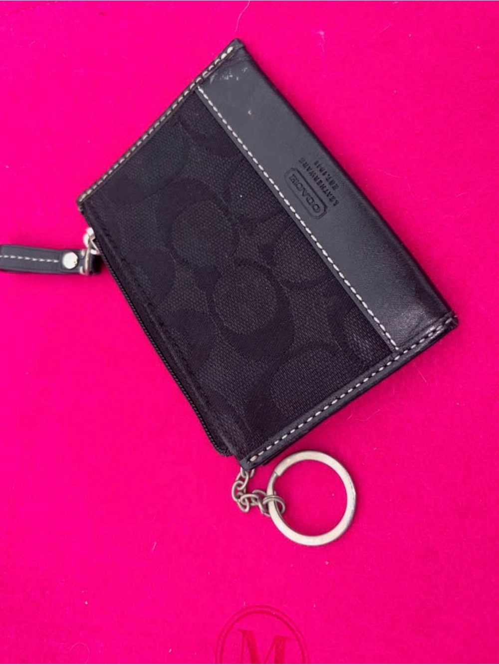 Coach Black Signature Card Case with Key Ring